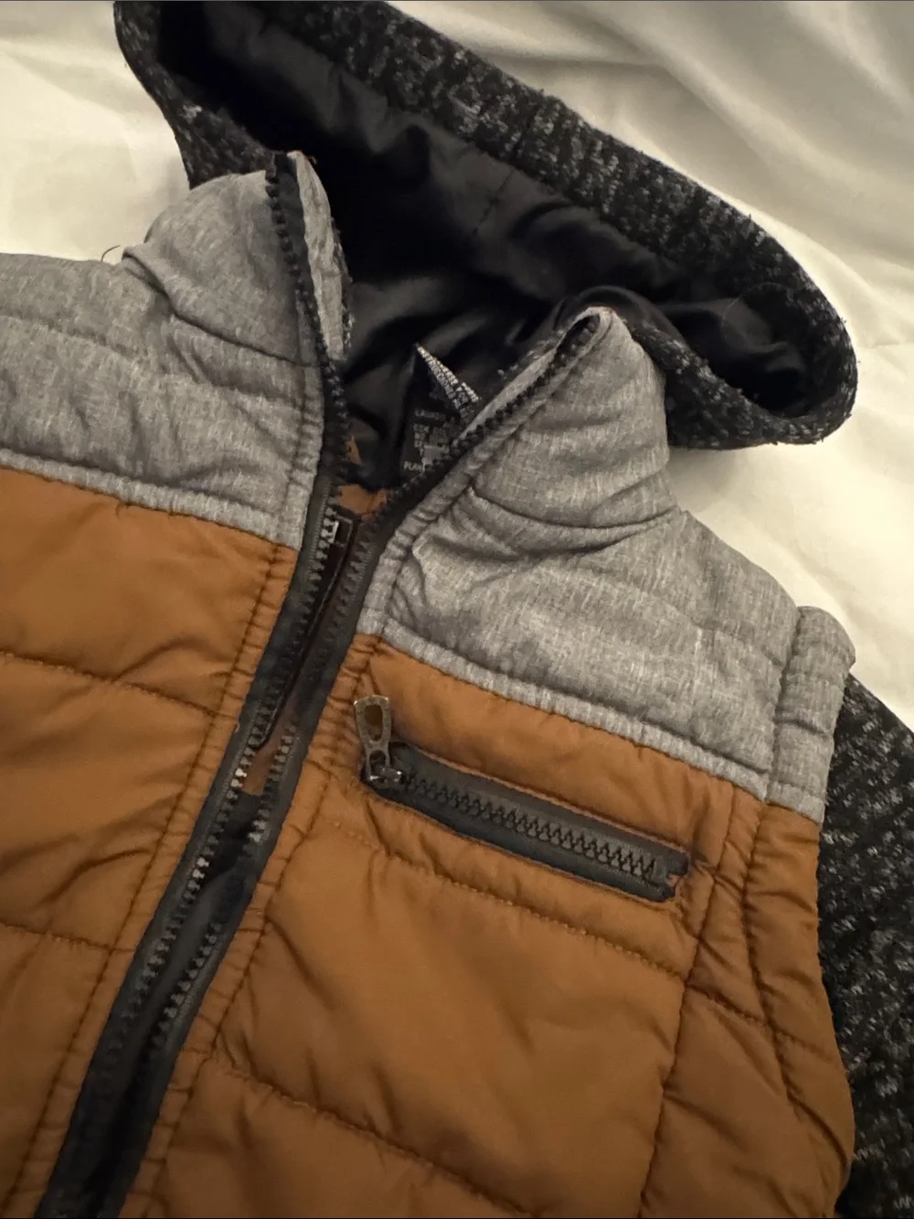 Children's Quilted Hooded Puffer Jacket - Brown & Gray Size 5/6